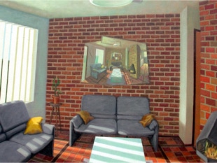 Detail of 'Red Interior', shaped painting by Paul Critchley