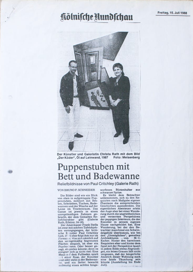 Article about exhibition by Paul Critchley in Galerie Rath, Cologne