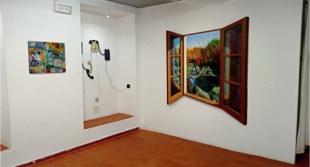 Gallery view with triptych painting Rockpool by Paul Critchley