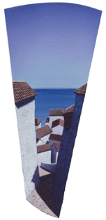shaped painting 'Village By The Sea' by Paul Critchley