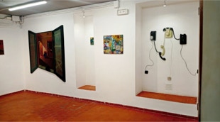 Gallery view with triptych painting 'Angsti-ous Moment' and 'Crossed Lines' by Paul Critchley