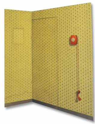 'The Waiting Is Over' shaped diptych painting by Paul Critchley, closed