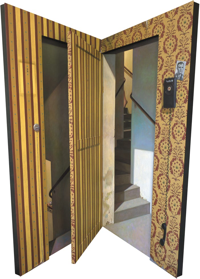 Shaped, corner painting with hinged panel 