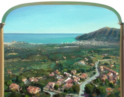 Painting by Paul Critchley 'Por Los Archos De "El Cautivador"'  62 x 161 cm ~ oil on canvas on hardboard, open, centre panel