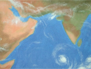 detail of shaped painting 'Global Perspective' by Paul Critchley