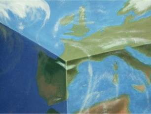 detail of shaped painting 'Global Perspective' by Paul Critchley