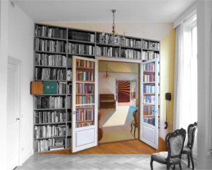 The Music Room Installation, doors to the central panel open with painted panels highlighted 