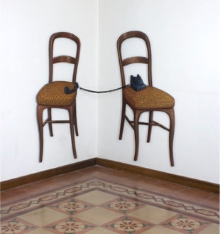 “Take a seat in the corner, I have something to tell you.”  oil on canvas on aluminium with cable ~ 110 x 75 x 85 cm