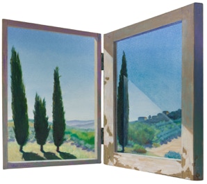   Nature’s Sentinels   Diptych, oil on canvas on hardboard  44.5 x 22.5 cm closed, 44.5 x 51 cm open 