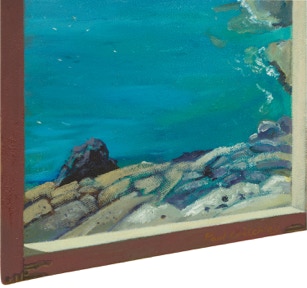 Diptych oil painting by Paul Critchley 'Simplicity : The antidote to a hectic life' open, detail 2