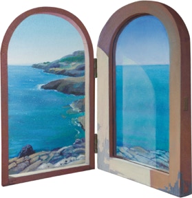 Diptych oil painting by Paul Critchley 'Simplicity : The antidote to a hectic life' open