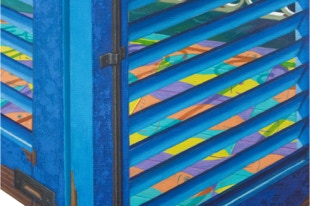 Triptych oil painting by Paul Critchley Titled "Where is it?""It's a secret"