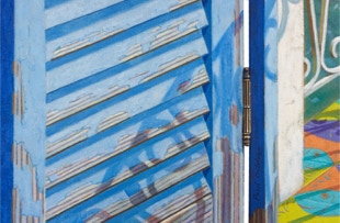 Triptych oil painting by Paul Critchley Titled "Where is it?""It's a secret"