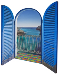 Triptych oil painting by Paul Critchley Titled "Where is it?""It's a secret"