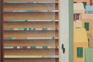 Triptych painting 'Urban Jungle' by Paul Critchley, detail closed