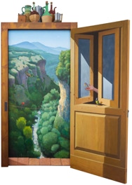 The altruistic hero who helps an ant deliver a flower to his partner. 200 x 150 x 150 cm  Corner painting, 14 separate pieces. Triptych and diptych with glass. Interchangable bottles and coffee pots. 