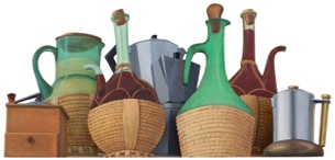 The altruistic hero who helps an ant deliver a flower to his partner. 200 x 150 x 150 cm  Corner painting, 14 separate pieces. Triptych and diptych with glass. Interchangable bottles and coffee pots. 