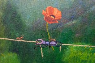 The altruistic hero who helps an ant deliver a flower to his partner. 200 x 150 x 150 cm  Corner painting, 14 separate pieces. Triptych and diptych with glass. Interchangable bottles and coffee pots. 