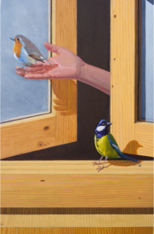 The altruistic hero who helps an ant deliver a flower to his partner. 200 x 150 x 150 cm  Corner painting, 14 separate pieces. Triptych and diptych with glass. Interchangable bottles and coffee pots. 