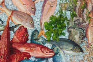 Shaped painting 'The Unschooled School' by Paul Critchley,detail
