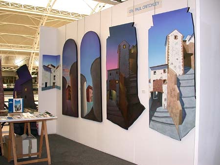 view of stand with paintings by Paul Critchley