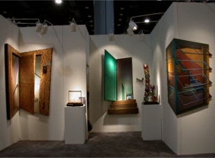 Stand view, paintings by Paul Critchley at art miam 2003 with Portals Ltd gallery