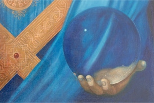 Copy of Salvator Mundi painted by Paul Critchley, detail