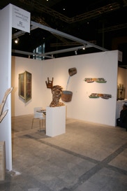 Paul Critchley shaped paintings exhibited in Rotterdam Contemporary Art Fair 2017, with shaped paintings by Csilla Bondor and wooden sculpture by Marcel Warmenhoeven