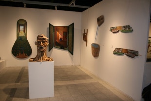 Paul Critchley shaped paintings exhibited in Rotterdam Contemporary Art Fair 2017, with shaped paintings by Csilla Bondor and wooden sculpture by Marcel Warmenhoeven