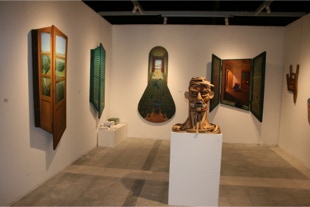 Paul Critchley paintings exhibited in Rotterdam Contemporary Art Fair 2017, with sculpture by Marcel Warmenhoeven