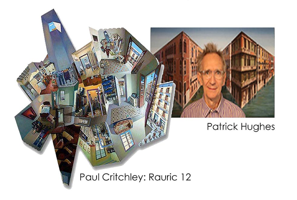 Paul Critchley's painting 'Rauric 12'. Patrick Hughes with his painting 'Venice'